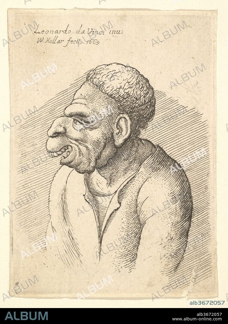 Bust of a manwith hooked nose, prominent upper lip, open mouth and thick, short curly hair resembling wig in profile to left. Artist: After Leonardo da Vinci (Italian, Vinci 1452-1519 Amboise). Dimensions: Plate: 2 11/16 × 1 15/16 in. (6.9 × 5 cm). Etcher: Wenceslaus Hollar (Bohemian, Prague 1607-1677 London). Series/Portfolio: Divers Anticke Faces
Titleplate and eight plates. Date: 1665.