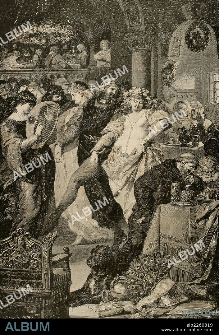 ADOLF CLOSS. LOHGENGRIN, Caballero del Cisne. Héroe de los mitos europeos medievales. "Boda de Lohgengrin con Elsa, hija del duque de Brabante". Grabado por A. Closs "Germania", 1882.