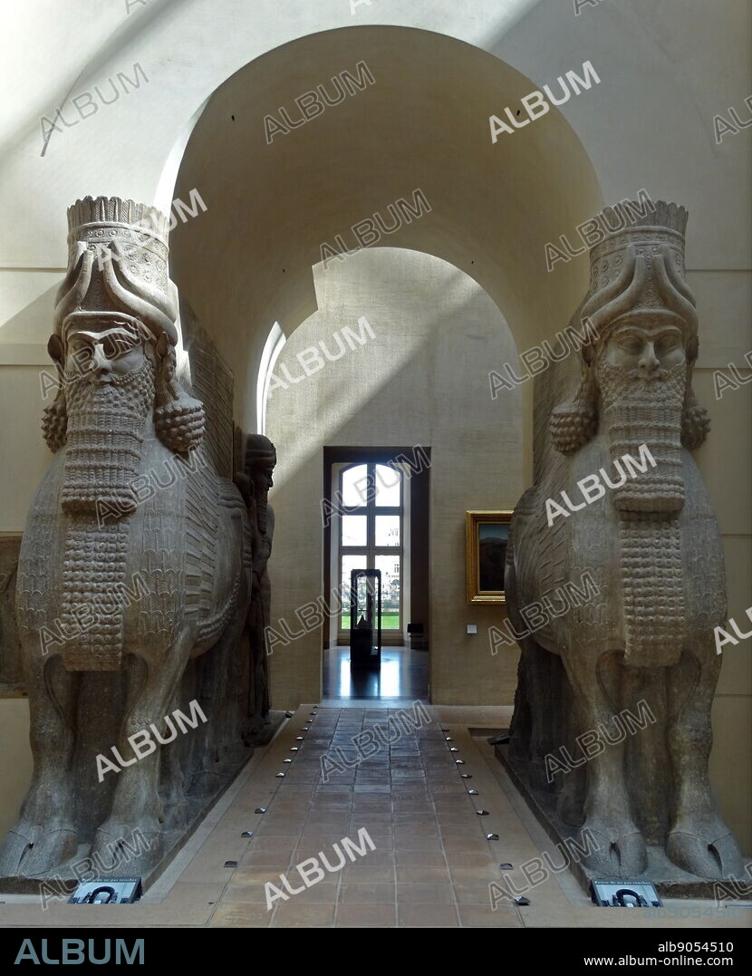 Human-headed winged bulls from Sargon II's palace in Dur-Sharrukin, modern Khorsabad. In art, Lamassu were depicted with bodies of either winged bulls or lions and heads of human males. Dur-Sharrukin (Fortress of Sargon?), present day Khorsabad, was the Assyrian capital in the time of Sargon II of Assyria. Khorsabad is a village in northern Iraq, northeast of Mosul. The great city was entirely built in the decade preceding 706 BC.