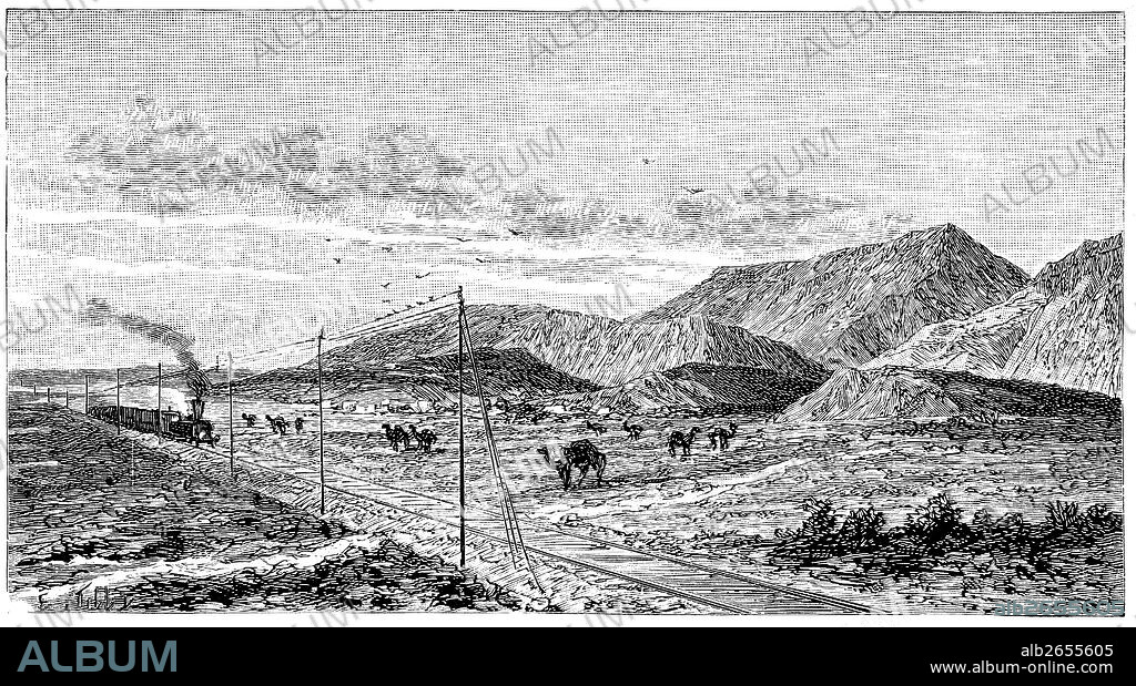 Vista general del ferrocarril transcaspiano cerca de los Montes de Kopet Dagh. Grabado de 1895.