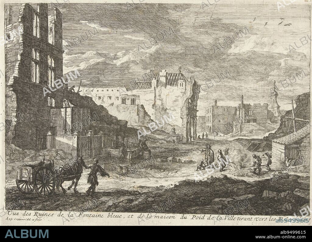 Vue des Ruines de la Fontaine bleue, et de la maison du Poid de la Ville tirant vers P.P. Cordeliers, Ruins of the fountain den Spauwer in Brussels, 1695 Vue des Ruines de la Fontaine bleue, et de la maison du Poid de la Ville tirant vers P.P. Cordeliers Perspectives des ruines de la ville de Bruxelles (series title), print maker: Augustin Coppens, (mentioned on object), intermediary draughtsman: Augustin Coppens, (mentioned on object), Brussels, 1695, paper, etching, h 195 mm × w 263 mm.