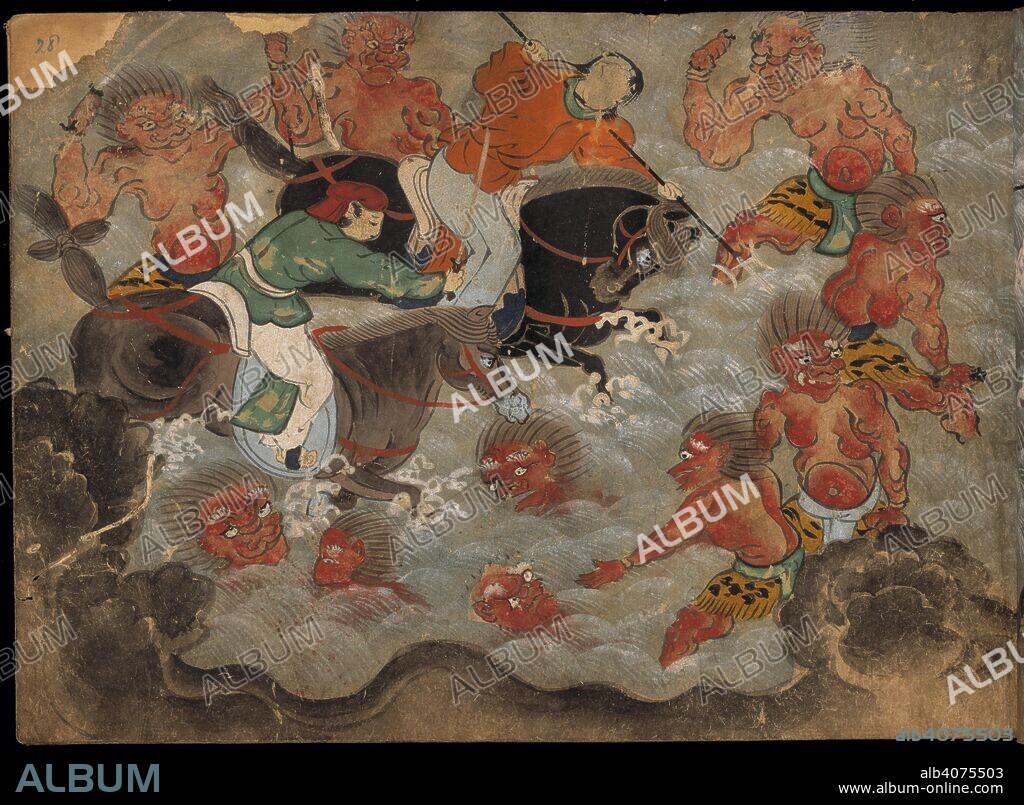 Mounted soldiers fighting demons. Taishokkan. early Edo period (1640-1680). Kowakamai manuscript dealing with the life of Fujiwara no Kamatari, his daughter and a precious crystal ball.  Image taken from Taishokkan.  Originally published/produced in early Edo period (1640-1680). . Source: Or. 13129 volume 1, f.28. Language: Japanese.