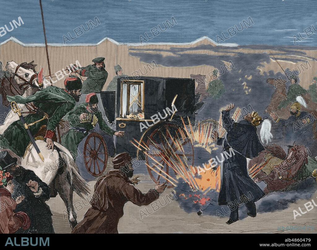 Alejandro II de Rusia (1818-1881). Zar del Imperio ruso. Asesinato del Zar por una bomba lanzada por Ignati Grinevitski a los pies del Zar. San Petersburgo. Explosión de la bomba que hirió mortalmente al emperador Alejandro II sobre el muelle del Canal de Catalina, en la tarde del día 13 de marzo. Grabado. La Ilustración Española y Americana,30 de marzo de 1881. Coloreado.