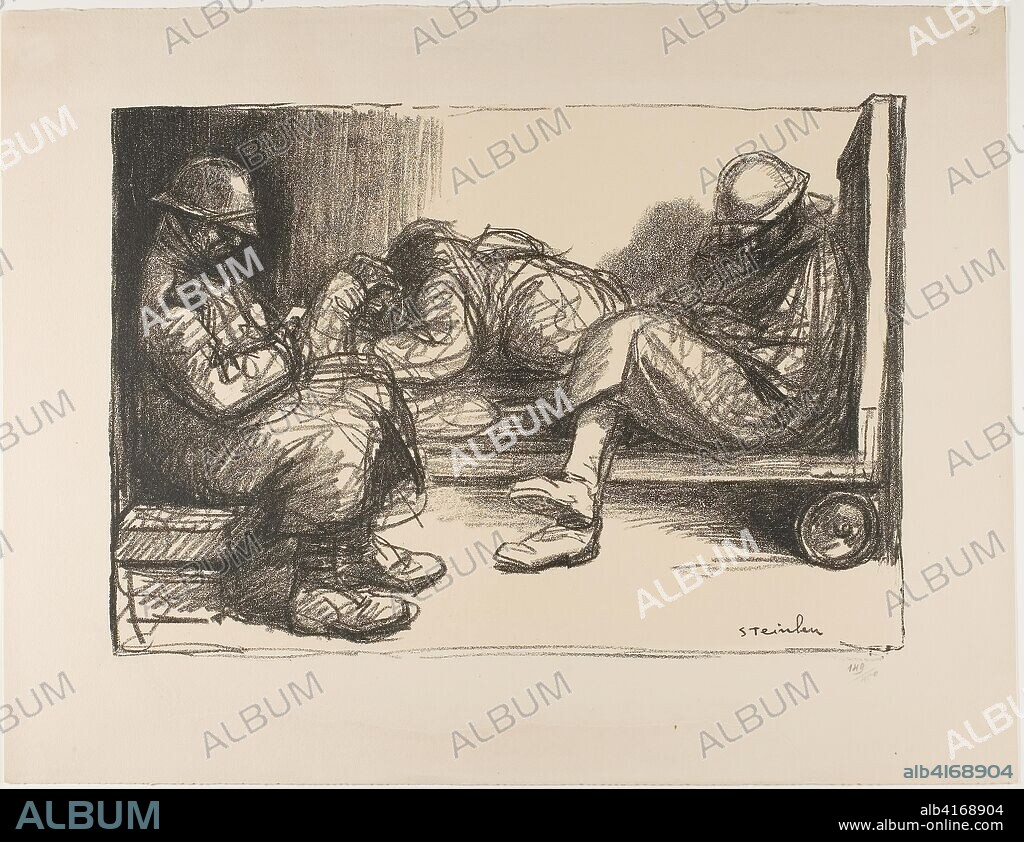 THéOPHILE-ALEXANDRE PIERRE STEINLEN. In the Dugout. Théophile-Alexandre Steinlen; French, born Switzerland, 1859-1923. Date: 1915-1917. Dimensions: 309 × 433 mm (image); 423 × 555 mm (sheet). Lithograph in black over a pale cream tint on thick off-white wove paper. Origin: France.