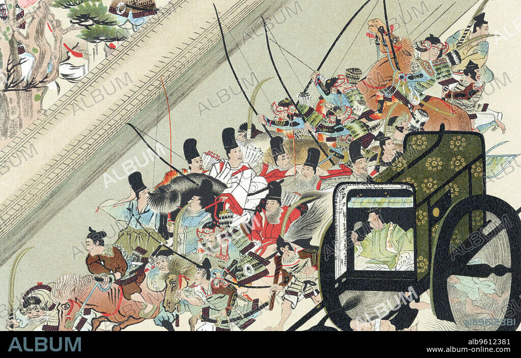 Heiji Rebellion, Japan, 1159. The abduction of the former Emperor Go-Shirakawa by Fusiwara No Nobuyori. Go-Shirakawa was later freed and Nobuyori killed, by Taira no Kiyomori, who founded Japan's first samurai dominated government. Chromolithograph after an illustration by the monk Keion in Heidju-monogatari (Tales of the Year Heiji), 13th century.