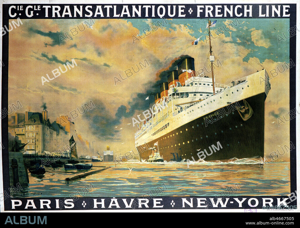 Le FRANCE I , affiche de la Compagnie Generale Transatlantique, French Line, 1912.Illustration Albert Sebille (1874-1953 =ADAGP). (ATTENTION: Droits supplementaires a verser pour les marques FrenchLines/MessageriesMarit et CGL: M. Aymeric PERROY , assoc French Lines : aymeric.perroy@frenchlines.com ;tarif autour de 100¤/1/4p ) . Credit Collection Gal-doc/KharbineTapabor.