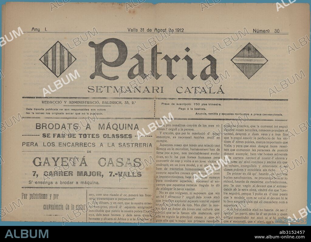 Portada del semanario comarcal catalán Patria, editado en Valls, agosto de 1912.