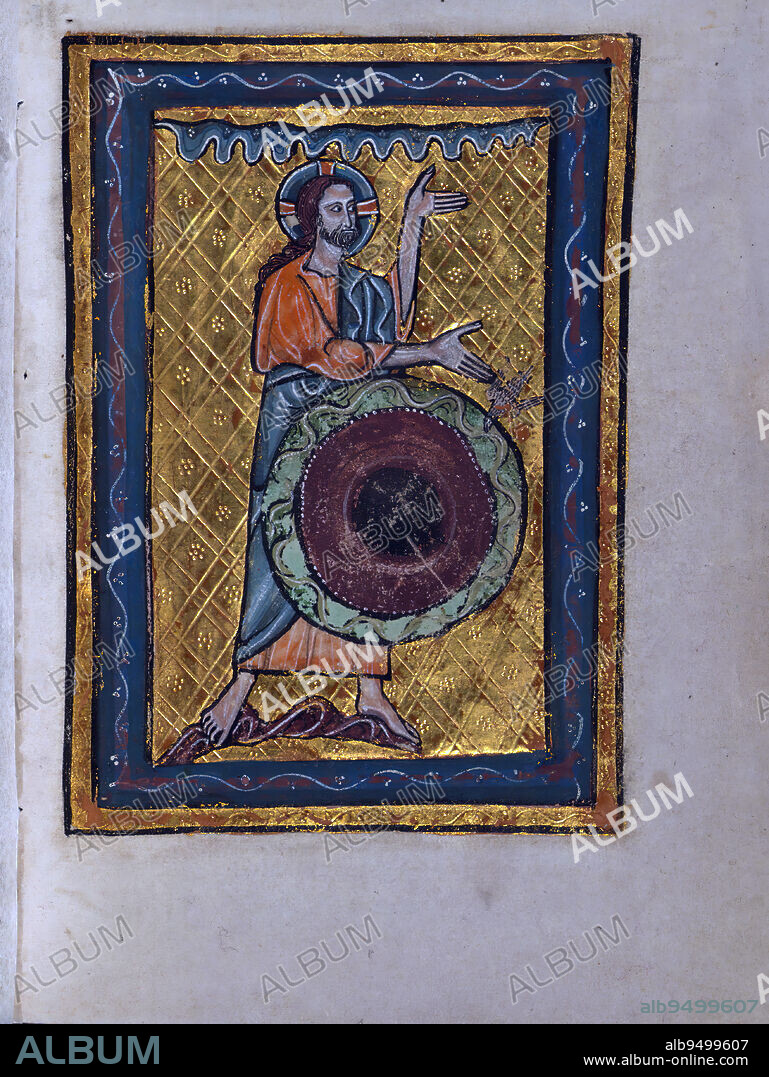 Illuminated Manuscript, Bible Pictures by William de Brailes, The first two days of Creation, A volume comprising twenty-four leaves of Bible Pictures by W. de Brailes, an English artist active in Oxford in the middle of the thirteenth century. Seven leaves from the same set of images are now in the Musee Marmottan in Paris. These 31 leaves are all that remain of an image cycle that once contained at least 98 miniatures, and which was the longest cycle of Bible miniatures surviving from the thirteenth century in England. In all probability these Bible Pictures were actually prefatory matter to a Psalter, now Stockholm, National Museum, Ms. B.2010. De Brailes also composed and wrote the captions that accompany many of the images. W. de Brailes is one of only two English artists of the thirteenth century whose name we can associate with surviving works. 11 manuscripts have been identified that contain miniatures in his hand. De Brailes has a quirky and chatty style, and he was extremely gifted at turning Bible Stories into paint.