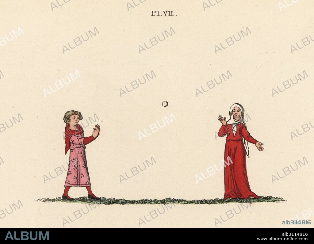Man and woman playing handball, 14th century. Handcoloured lithograph by Joseph Strutt from his own Sports and Pastimes of the People of England, Chatto and Windus, London, 1876.