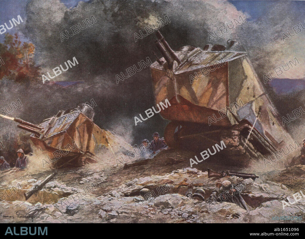 First World War battlefield scene, 1918. Allied tanks overwhelming German trenches, July 1918. After the painting by Francois Flameng (1856-1923).