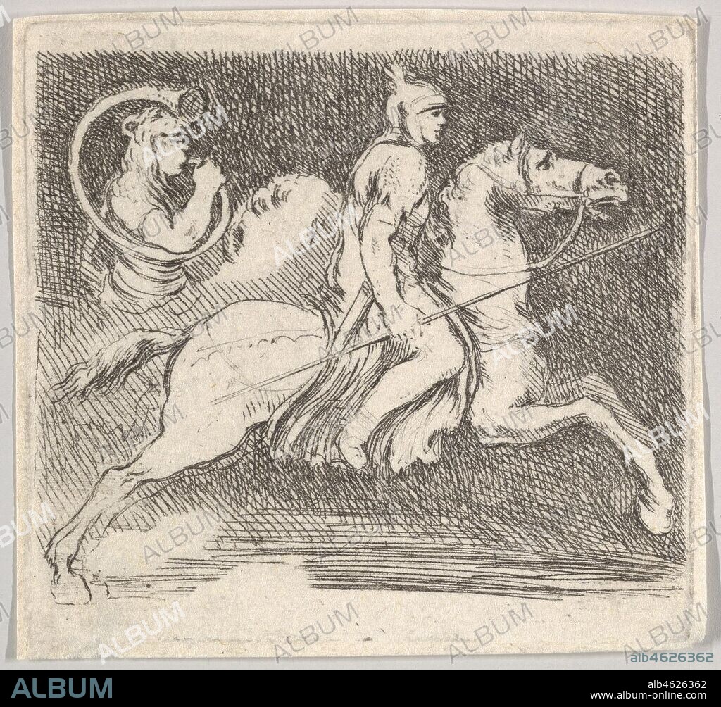 STEFANO DELLA BELLA. Plate 20: a soldier in profile galloping to the right holding a lance in his right hand, followed by another horseman behind, from 'Various figures and doodles' (Diverses figures et griffonnemens), ca. 1646.