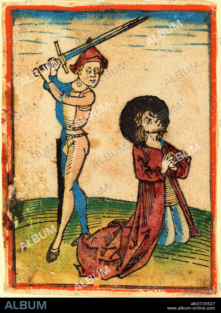 GERMAN 15TH CENTURY. Martyrdom of a Saint. Dated: c. 1480. Medium: woodcut, hand-colored in red lake, green, yellow, blue, rose, gold, and orange.
