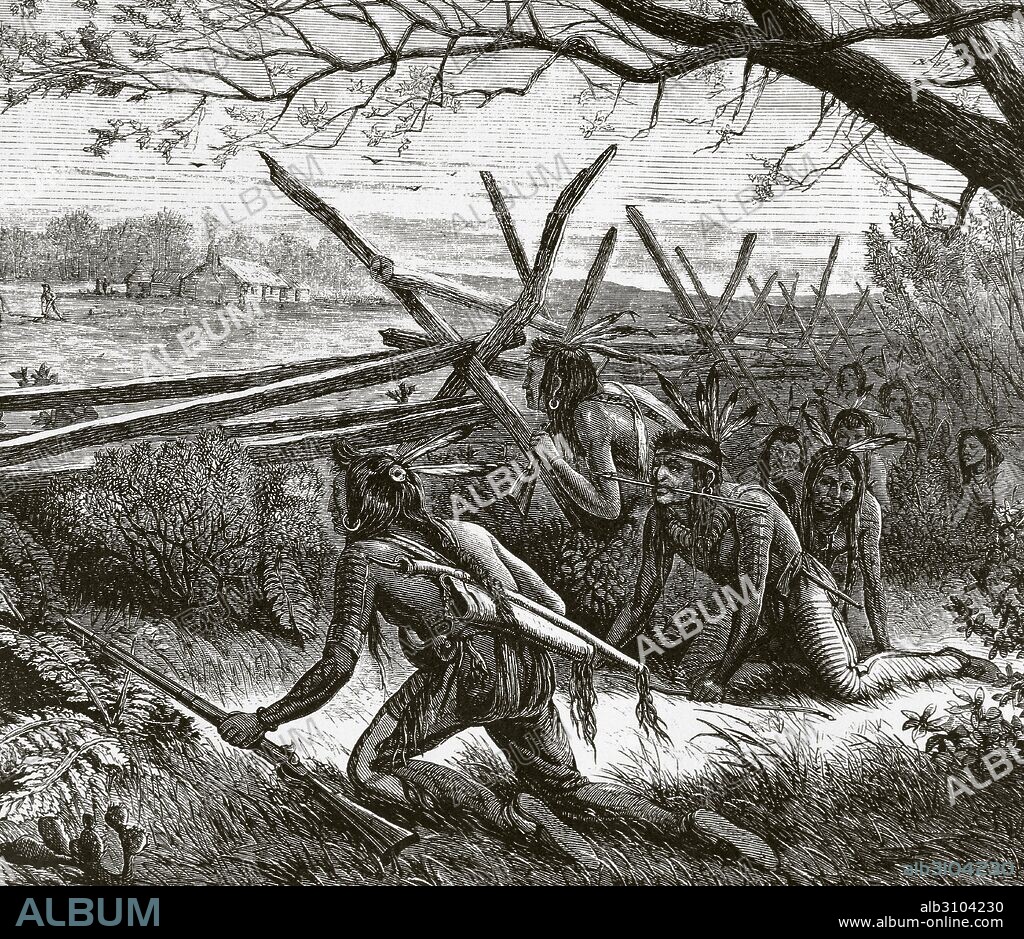 HISTORIA DE NORTEAMERICA. SIGLO XIX. INDIOS SIOUX, armados con rifles y flechas, acercándose sigilosamente a una granja. Grabado del año 1868. "Harper's Weekly".