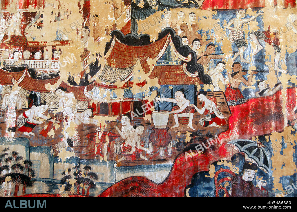 Wat Buak Khrok Luang, located in Ban Buak Khrok Luang Moo 1, Chiang Mai – Sankamphaeng Road, Chiang Mai, is a small and typically northern Thai Buddhist temple. It is believed to have been founded in the 15th century during the time of the independent Lan Na Kingdom (1292-1558), and was extensively restored during the reign of Chao Kaew Naowarat (r.1911-1939), the last King of Chiang Mai. The temple is chiefly noteworthy for its main viharn, which is purely Lan Na in inspiration, with a four-tiered roof and elegant naga balustrade entrance. The most remarkable aspect of the viharn is its extensive mural paintings, dating from around 1835 during the reign of Chao Phuttawong (r.1826-1846), the fourth ruler of the Chiang Mai Thipchang Dynasty. The murals, which are northern Thai in style with clear elements of Shan State and Konbaung Dynasty Burmese influence, are among the best in northern Thailand. They feature the jataka stories, past lives of the Buddha, and are interspersed with vernacular scenes from everyday early 19th century northern Thai life.