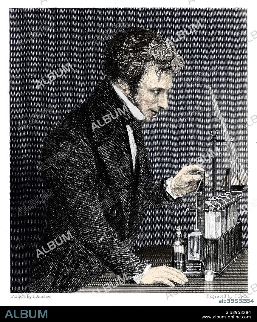 Michael Faraday, British chemist and physicist, c1845. Faraday (1791-1867) was one of the greatest scientists of the 19th century. His most significant contribution was the Experimental Researches on Electricity which was published over 40 years, where he described his discoveries, including the laws of electromagnetic induction (1831) and the laws of electrolysis (1833). He also discovered the principles of the electric motor and dynamo. (Colorised black and white print).