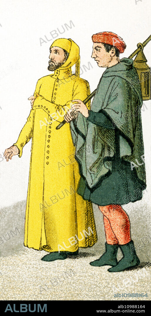 The figures in this image represent an Italian citizen (left) and peasant in the A.D. 1300s. The illustration dates to 1882.