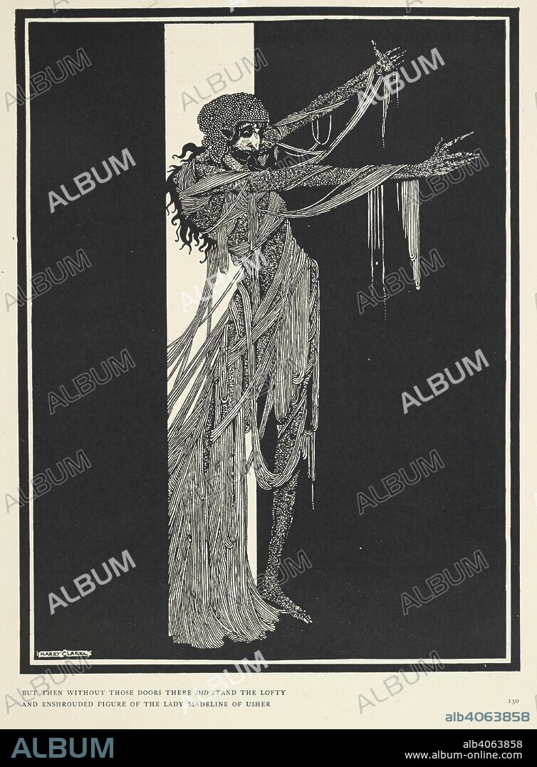 EDGAR ALLAN POE and HARRY CLARKE. 'But then without those doors there did stand the lofty and enshrouded figure of the Lady Madeline of Usher.' From the story The Fall of the House of Usher. Tales of Mystery and Imagination ... Illustrated by Harry Clarke. London : G. G. Harrap ; New York : Brentano's, [1923]. Source: 12703.i.44 plate opposite page 130.