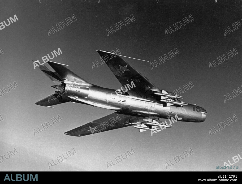 A soviet mikoyan-gurevich mig-19 'farmer' jet fighter in flight, 1960s. 01/02/2013