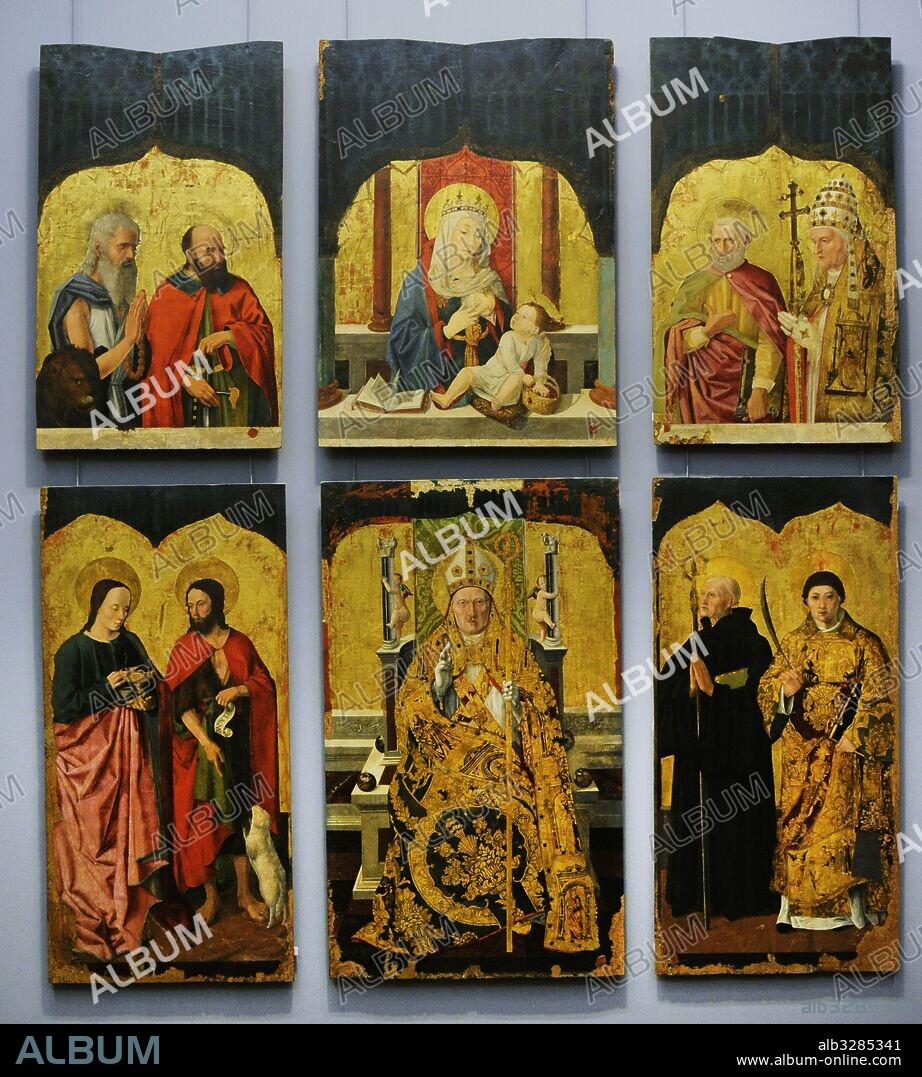Maestro dei Santi Severino e Sossio, pintor italiano activo en Nápoles en la segunda mitad del siglo XV. "San Severino de Nórico en el trono, rodeado de santos" Políptico, 1472. Témpera sobre madera. Museo de Capodimonte, Nápoles. Italia.