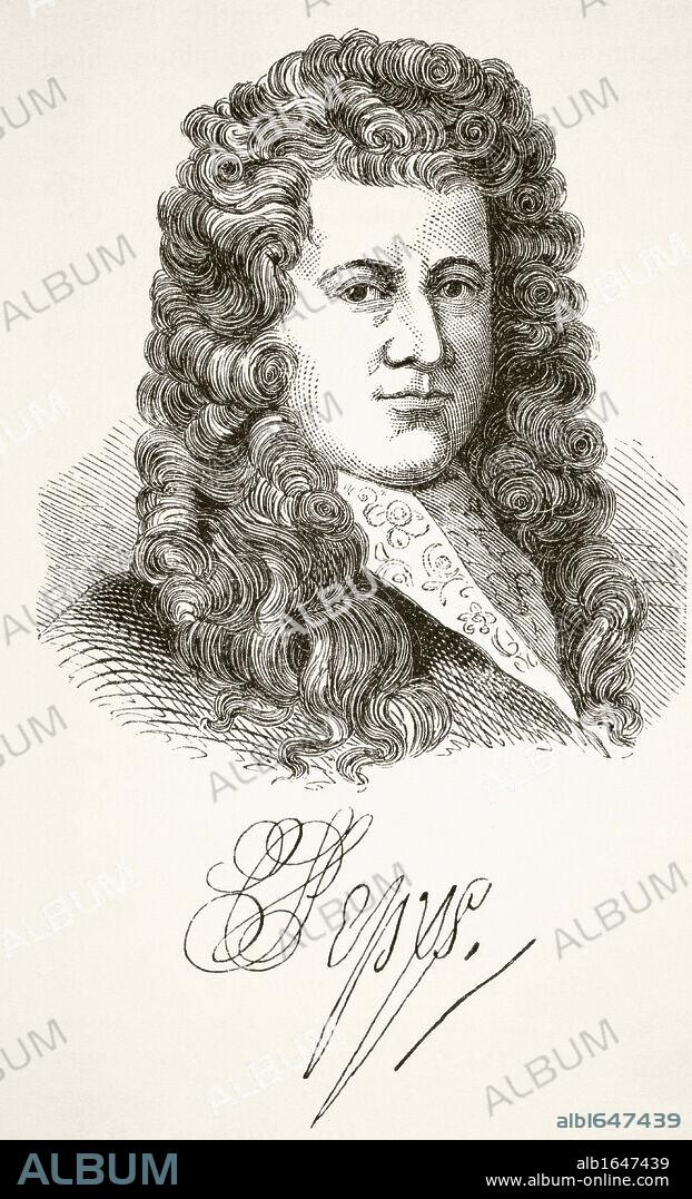 Samuel Pepys 1633 to 1703 English diarist and naval administrator. Portrait and signature. From The National and Domestic History of England by William Aubrey published London circa 1890.