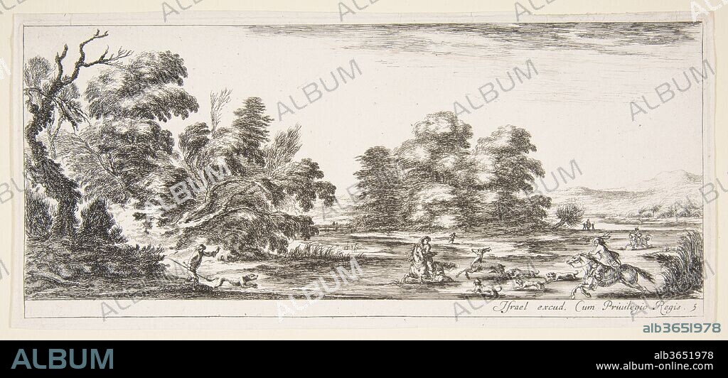 Plate 5: two horsemen in a stream to right, riding towards the left, following four dogs chasing a stag, another dog running into the water from the left, from 'Various landscapes' (Divers paysages). Artist: Stefano della Bella (Italian, Florence 1610-1664 Florence). Dedicatee: Louis de Bourbon duc d'Anguien (French). Dimensions: Sheet (trimmed): 4 5/8 × 10 1/4 in. (11.7 × 26 cm). Publisher: Israël Henriet (French, Nancy ca. 1590-1661 Paris). Series/Portfolio: 'Various landscapes' (Divers paysages). Date: ca. 1641.