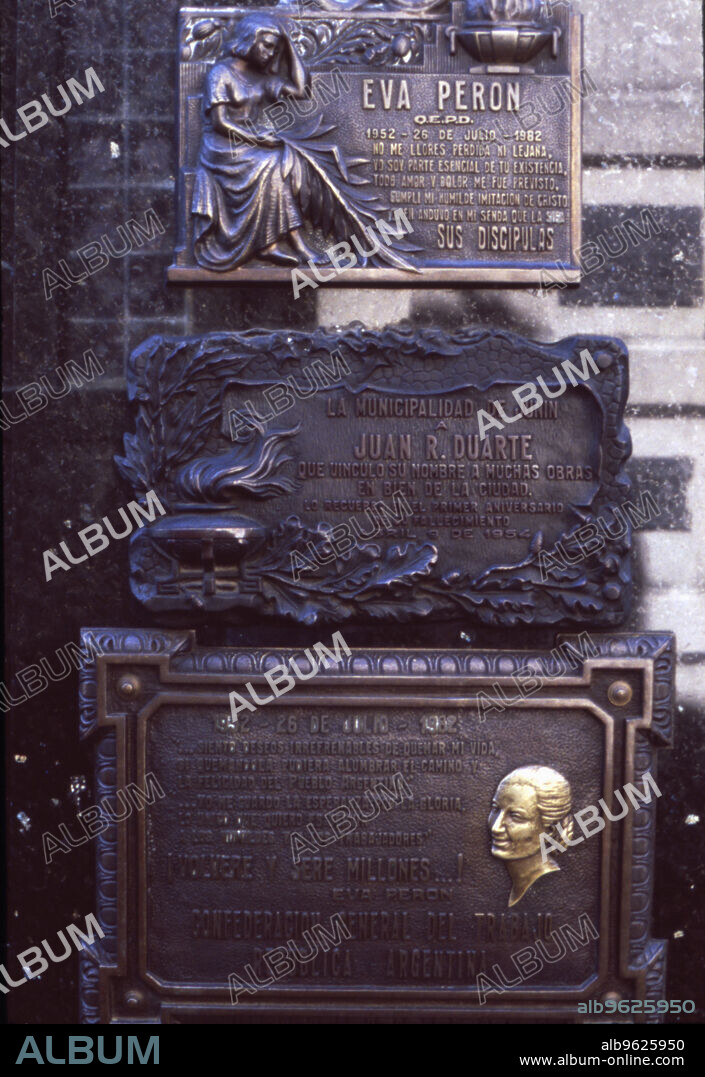 Plaque on the grave of Eva Duarte de Peron 'Evita' (1952-1982), wife of the President of Argentina Domingo Perón, in the cemetery of the city of Buenos Aires.