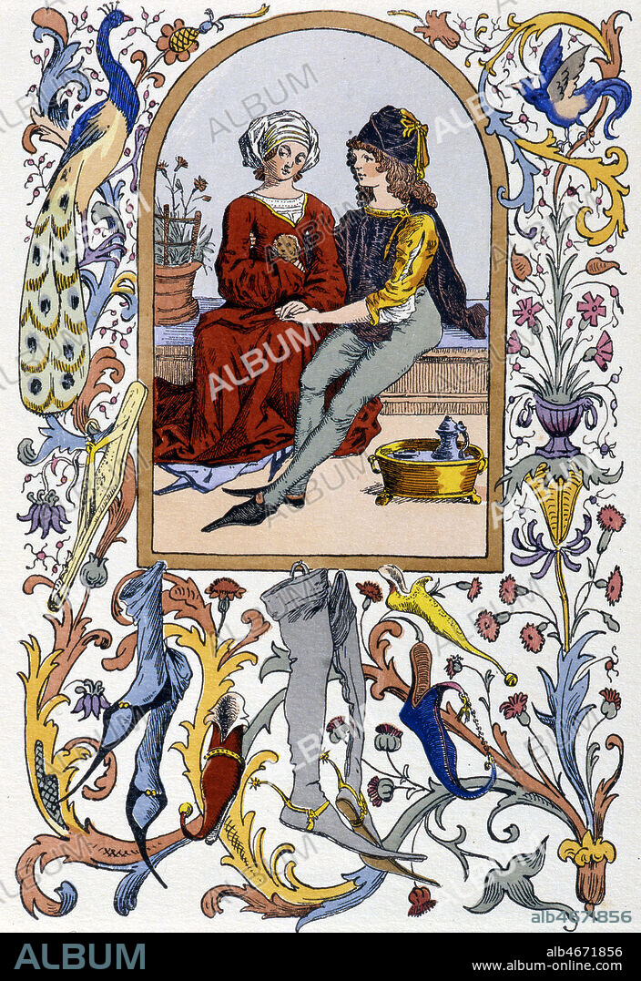 Amoureux au Moyen-Age dans un cadre decore par differentes chaussures de l'epoque. Illustration par Maurice LELOIR (1851-1940) tiree de 'Chaussures d'antan' par Jerome DOUCET, 1913, reprenant une enliminure . Credit : Collection KHARBINE-TAPABOR.