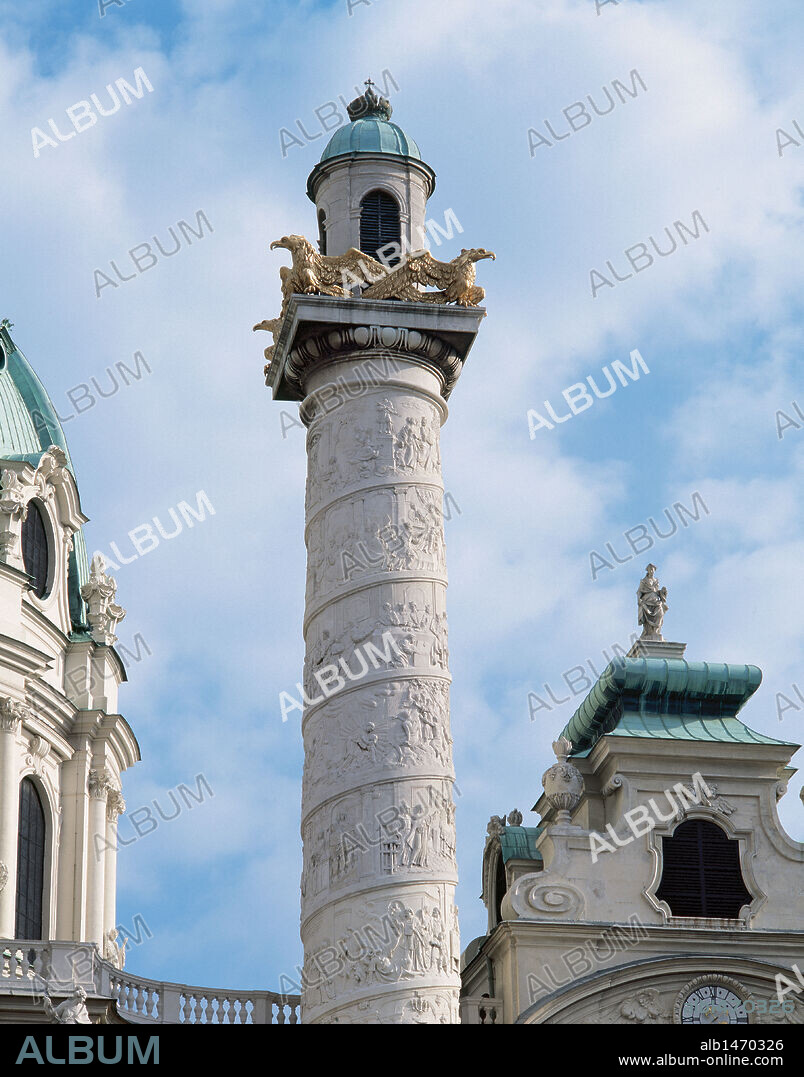 ARTE BARROCO. AUSTRIA. FISCHER VON ERLACH, Johann Bernhard (Graz,1656-Viena,1723). Arquitecto austríaco. KARLSKIRCHE o IGLESIA DE SAN CARLOS BORROMEO (1716-1737). Detalle de la columna que se encuentra en la parte derecha del edificio, con decoración espiral de escenas de la vida de San Carlos Borromeo. El tema es el VALOR. VIENA.