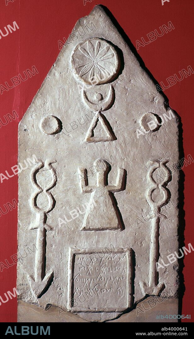 Limestone stela with a dedication to Baal, from Carthage, north Africa (modern Tunisia), 2nd-1st century BC. This stela comes from a religious precinct known as the tophet at Carthage. The symbolism is Canaanite, with two representations of the goddess Tanit. From the British Museum's collection.