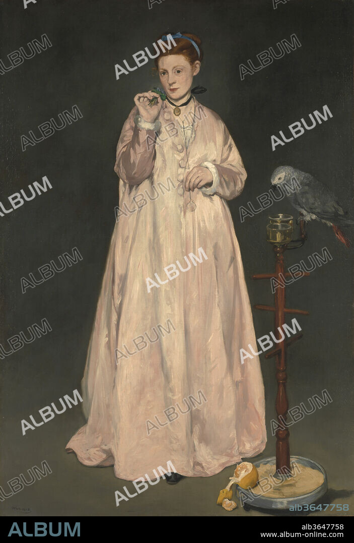 EDOUARD MANET. Young Lady in 1866. Artist: Édouard Manet (French, Paris 1832-1883 Paris). Dimensions: 72 7/8 x 50 5/8 in. (185.1 x 128.6 cm). Date: 1866.
Manet's model, Victorine Meurent, had recently posed as the brazen nudes in <i>Olympia</i> and <i>Luncheon on the Grass</i> (both Musée d'Orsay, Paris). Here, appearing relatively demure, she flaunts an intimate silk dressing gown. Critics eyed the painting as a rejoinder to Courbet's <i>Woman with a Parrot</i> (29.100.57) and as indicative of Manet's "current vice" of failing to "value a head more than a slipper." Recent scholars have interpreted it as an allegory of the five senses: the nosegay (smell), the orange (taste), the parrot-confidant (hearing), and the man's monocle she fingers (sight and touch).