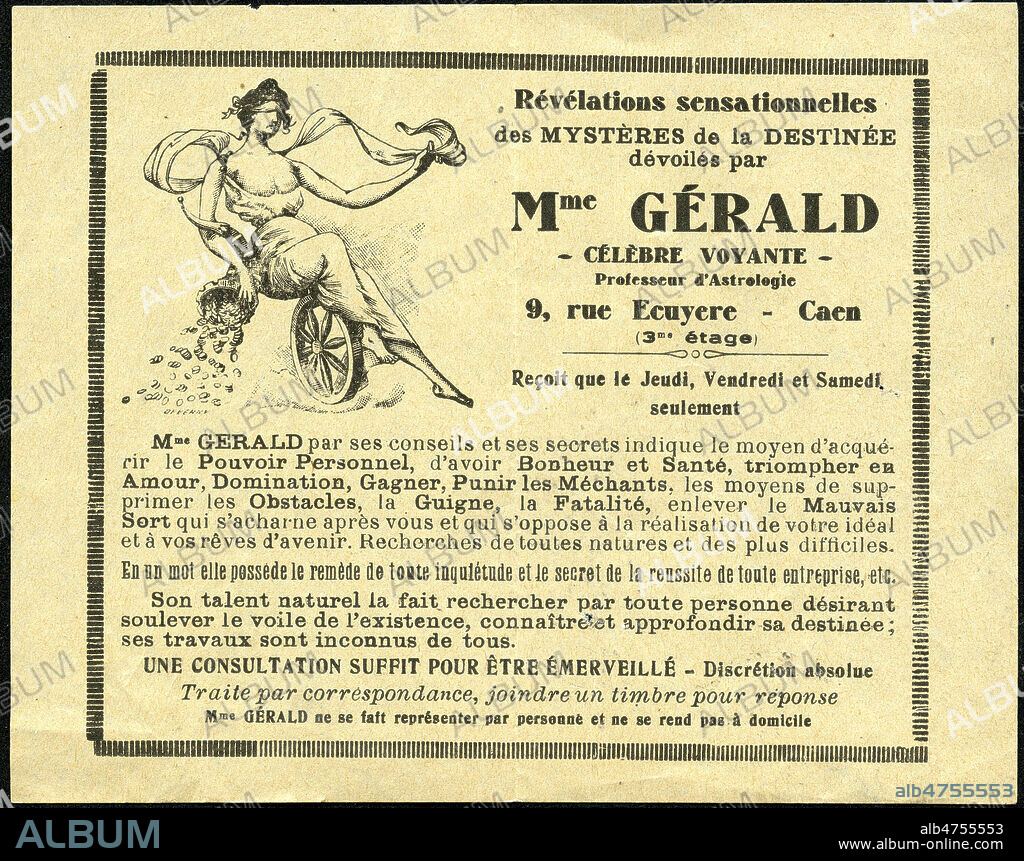 'Revelations sensationnelles des mysteres de la destinee devoiles par Mme GERALD, celebre voyante, a Caen'. Carte publicitaire vers 1930. Illustration anonyme. Credit : Collection IM/KHARBINE-TAPABOR.