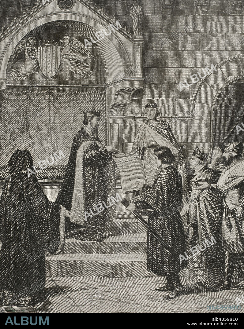 El rey Pedro III de Aragon"el Grande" (1240-1285) ratificando los derechos y privilegios de la ciudad de Barcelona, "Recognoverunt Porceres". Privilegio concedido por Pedro III a la ciudad el 11 de enero de 1284, durante las Cortes de Barcelona (1283-1284). Ilustración por Lorenzale. Grabado por Furnó, detalle. Historia de Cataluña y de la Corona de Aragón, por Victor Balaguer. Tomo II. Barcelona,1861.