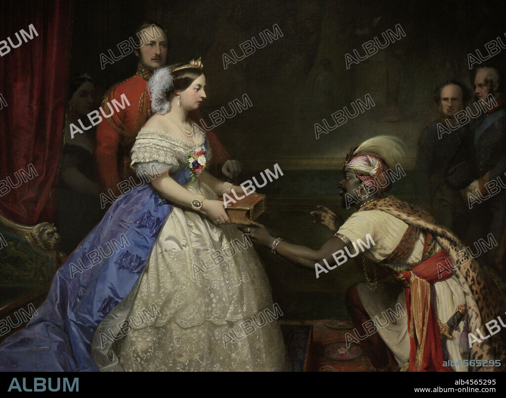 THOMAS JONES BARKER (1815-1882). ENGLISH PAINTER.. Queen Victoria (1819-1901). Queen of United Kingdom. "The Secret of England's Greatness" (Queen Victoria presenting a Bible in the Audience Chamber at Windsor). The Queen is depicted presenting a Bible to the East African ambassador. Painting by Thomas Jones Barker (1815-1882). Oil on canvas (167,6 x 213,8 cm), ca.1862-1863. National Portrait Gallery. London, England, United Kingdom.