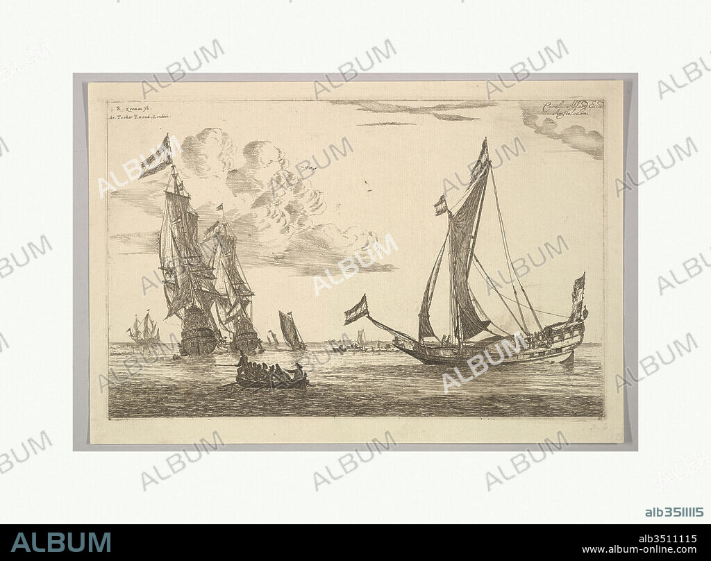 Sailing Vessels and Sloop, 17th century, Etching; state VI, sheet: 8 1/2 x 12 5/8 in. (21.6 x 32 cm), Prints, Reinier Nooms, called Zeeman (Dutch, Amsterdam ca. 1623–1664 Amsterdam).