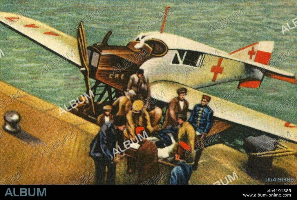 Junkers F 13w medical plane, c1919, (1932). The Junkers F 13, developed in Germany at the end of World War I, was in production for thirteen years and in commercial service for almost twenty. From "Die Eroberung Der Luft", (The Conquest of the Air), cigarette card album produced by the Garbáty cigarette factory, 1932. Eugene and Moritz Garbáty, who were Jewish, were driven out of business by the Nazis in the late 1930s, and forced to sell their factory which lay empty for over 70 years. [Garbaty Cigarettenfabrik, Berlin-Pankow, 1932].