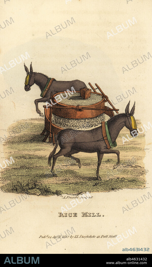 Chinese rice mill with blindfolded mules turning a millstone, Qing Dynasty. Handcoloured copperplate engraving by Andrea Freschi after Antoine Cardon from Henri-Leonard-Jean-Baptiste Bertin and Jean Baptiste Joseph Breton's China, Its Costumes, Arts, Manufactures, etc., Howlett and Brimmer, London, 1824.
