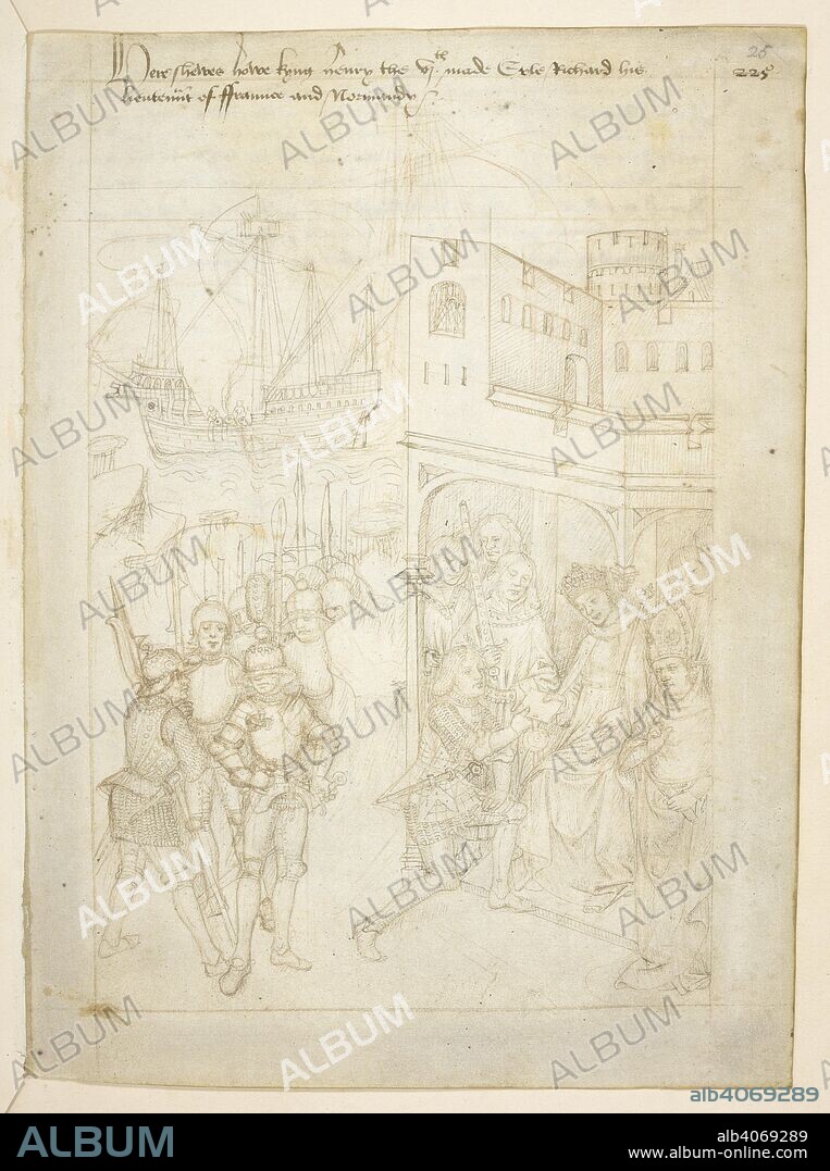 Pageant XLIX. Richard Beauchamp, Earl of Warwick, kneels before Henry VI, as he is made lieutenant of France and Normandy, 16 July 1437. Beauchamp Pageants. S. Netherlands [Bruges?]; after 1483. Source: Cotton Julius E. IV art. 6, f.25. Language: English.