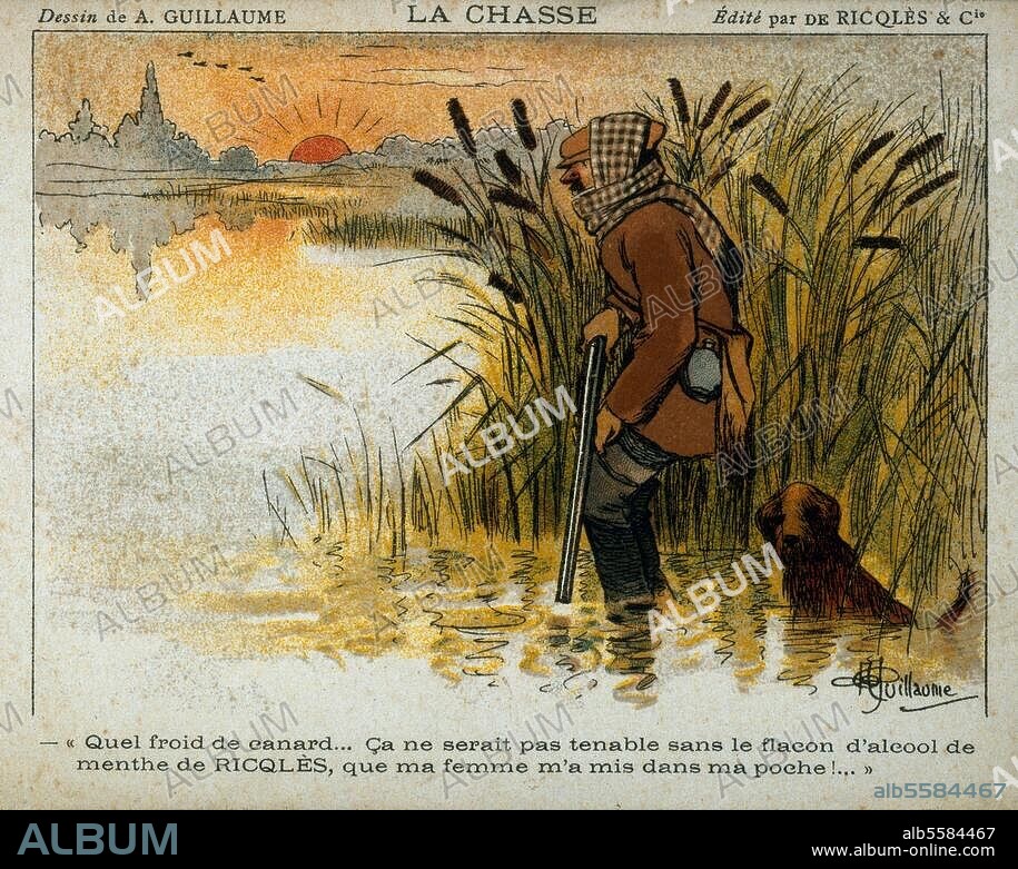 Chasse / Chasse au canard. "La chasse". (Publicité pour l'alcool de menthe Ricqlès). Litho. coul, v. 1910, d'ap. dessin de Albert Guillaume (1873-1942). Image de collection de Ricqlès & Cie., Paris. Paris, Collection particulière.