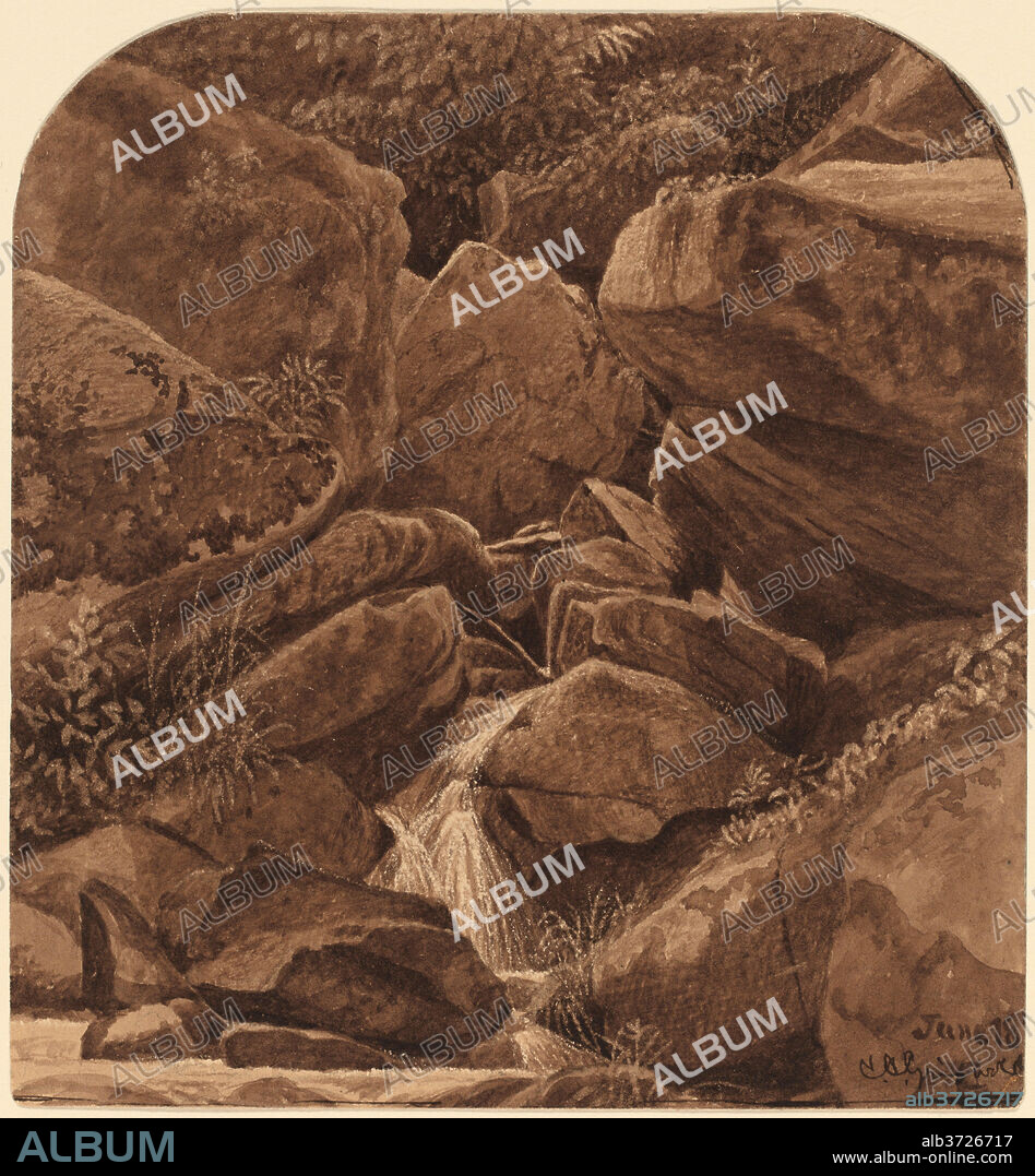 CASIMIR CLAYTON GRISWOLD. Rocks and Waterfall. Dated: 1878. Dimensions: sheet (lunette): 14.3 × 13.3 cm (5 5/8 × 5 1/4 in.). Medium: pen and brown ink with brown wash heightened with white on wove paper.