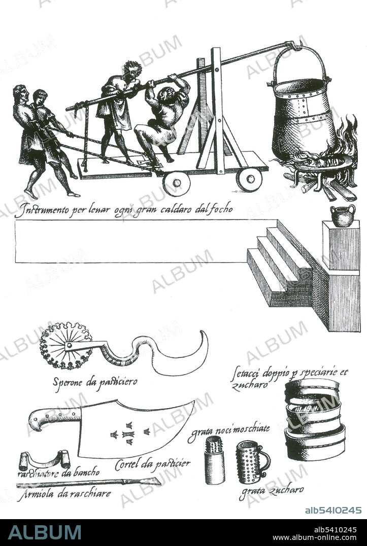 Plate 14: Kitchen apparatus, 1. Bartolomeo Scappi (1500, April 13, 1577) was a famous Italian Renaissance chef. As head chef for popes and cardinals he prepared banquets for the most powerful men on earth. He acquired fame in 1570 when his monumental cookbook Opera dell'arte del cucinare was published. It was the world's first illustrated cookbook, a colossal tome that includes a thousand recipes of the Renaissance cuisine and describes cooking techniques and tools, giving the first known picture of a fork. Lavish woodcuts illustrate the perfect layout of a kitchen, the range of pots, pans, knives, and other utensils needed to run a high-quality kitchen. Between 1570 and 1646, the book went through eight print runs, and versions of his recipes were borrowed for other publications in England, France, Germany, and Spain.