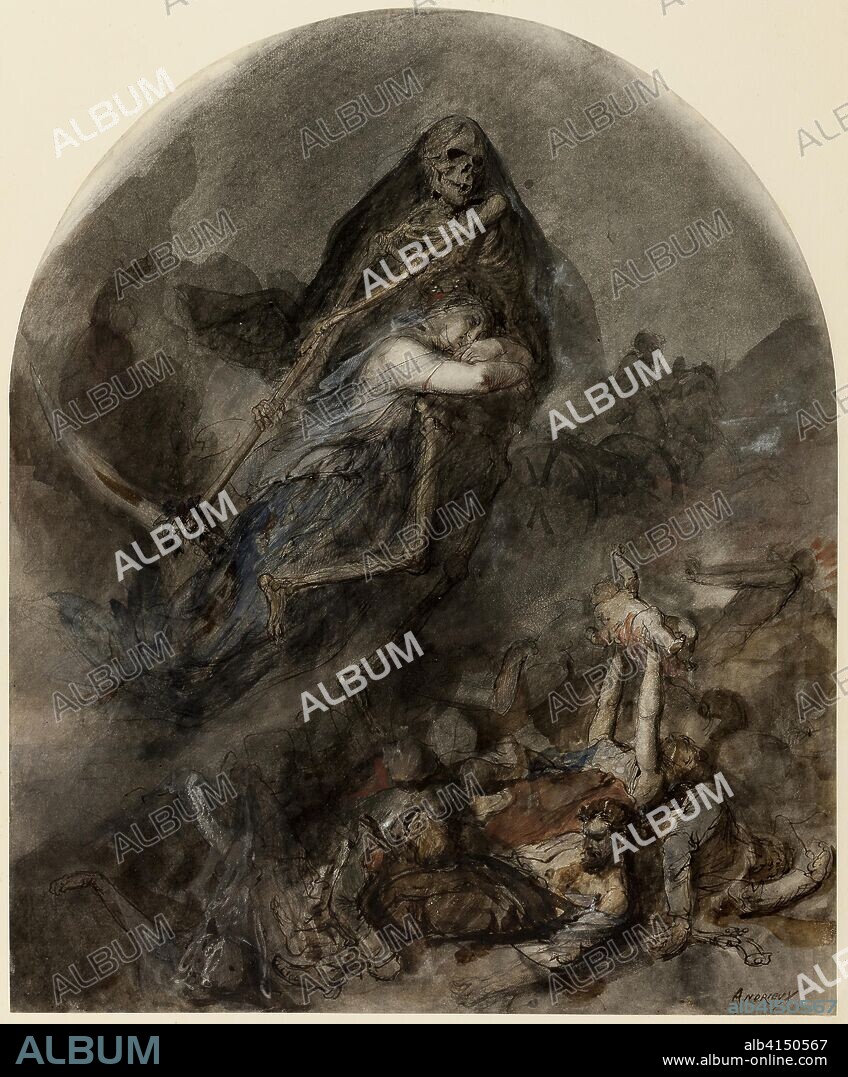 CLEMENT AUGUSTE ANDRIEUX. Allegory of Death. Clement-Auguste Andrieux; French, 1829-1880. Date: 1855-1865. Dimensions: 456 × 375 mm. Pen and brown ink with black fabricated chalk, opaque and transparent watercolors, touches of lead white and white chalk, and traces of red fabricated chalk on cream wove paper. Origin: France.