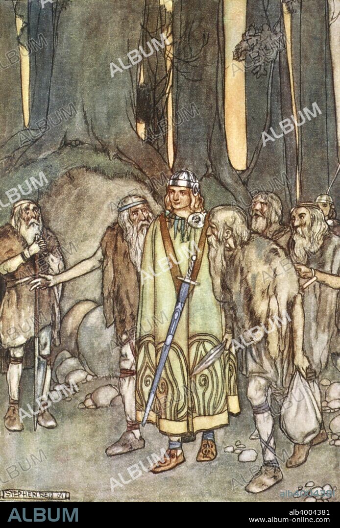 'And that night there was feasting and joy in the lonely hut', c1910. Finn finds the old men of the forest. Finn mac Cumhaill was a hunter and warrior of Irish legend. Illustration from The High Deeds of Finn, and other Bardic Romances of Ancient Ireland by TW Rolleston.