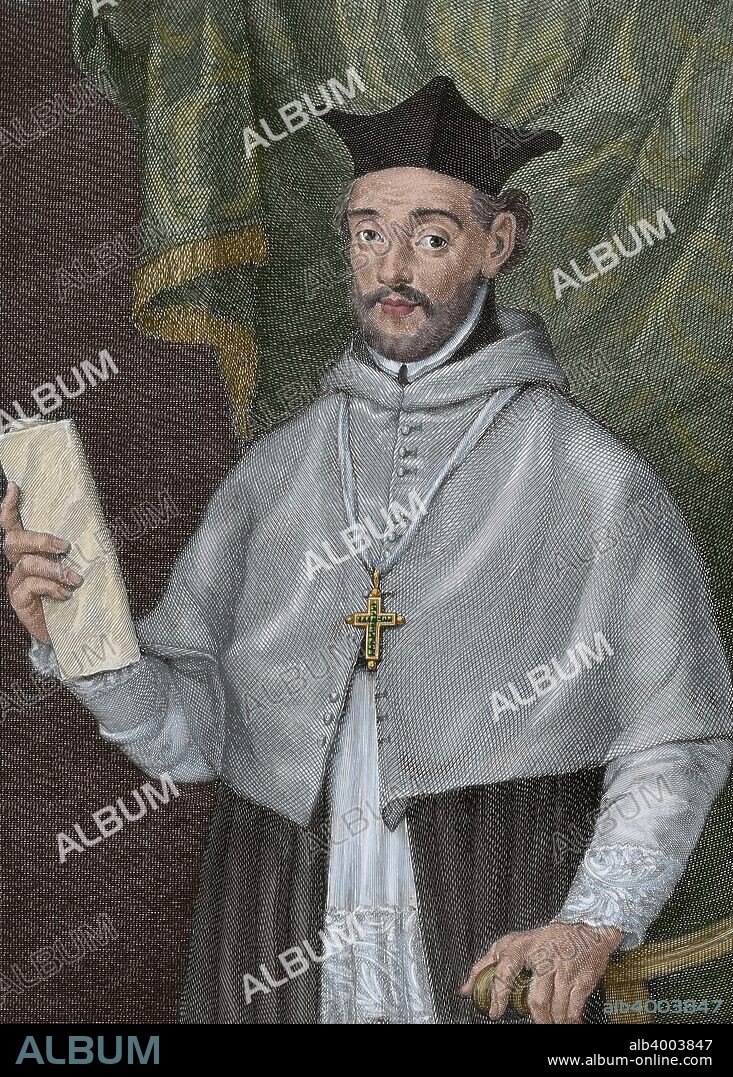 Diego de Covarrubias y Leiva (Toledo, 1512-Madrid, 1577). Spanish bishop, jurisconsult and monetarist. He was president of the Council of Castile and bishop of Segovia. He stood out his intervention at the Council of Trent, where he was commissioned to write the decrees "de reformatione". Engraving from "Retratos de los espan_oles ilustres". Drawing by Jose Maea (1760-1826). Engraving started by Luis Fernandez Noseret and finished by Manuel Salvador Carmona (1734-1820), 1794. Later colouration.