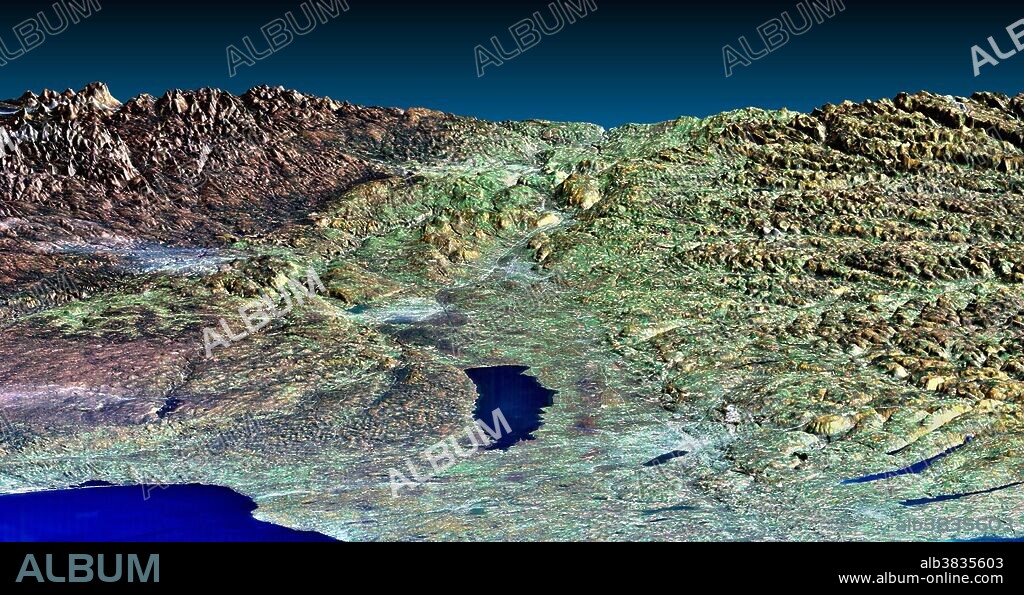 Perspective view of upstate New York shows Lake Ontario in the lower left, the Adirondack Mountains in the upper left, and the Catskill Mountains on the right. This image was generated using topographic data from SRTM and an enhanced true-color Landsat 5 satellite image. Topographic shading in the image was enhanced with false shading derived from the elevation model. Oneida Lake is just below the scene center. From the lake, Syracuse is toward the lower right, Rome is toward the upper left, and Utica is directly upward from the lake. Oswego is on the shore of Lake Ontario at the bottom edge of the image. All four cities appear whitish. The other whitish areas toward the north (left) are thin clouds in the satellite image. At Herkimer, just beyond Utica, the Mohawk River exits the Adirondacks and flows eastward into rugged terrain and onward toward Albany. Elevation data used in this image was acquired by the Shuttle Radar Topography Mission (SRTM) aboard the Space Shuttle Endeavour, launched on February 11, 2000.
