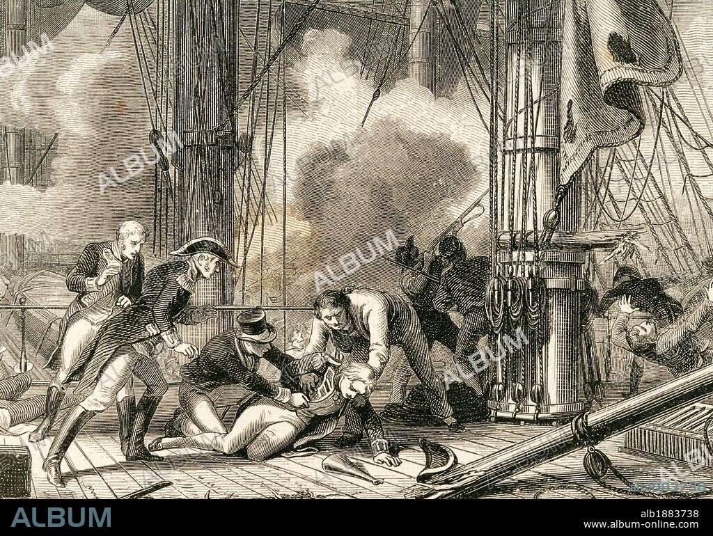 Horatio Nelson (1758-1805). British Vice-admiral. Death of Nelson at the Battle of Trafalgar, 1805. Engraving.