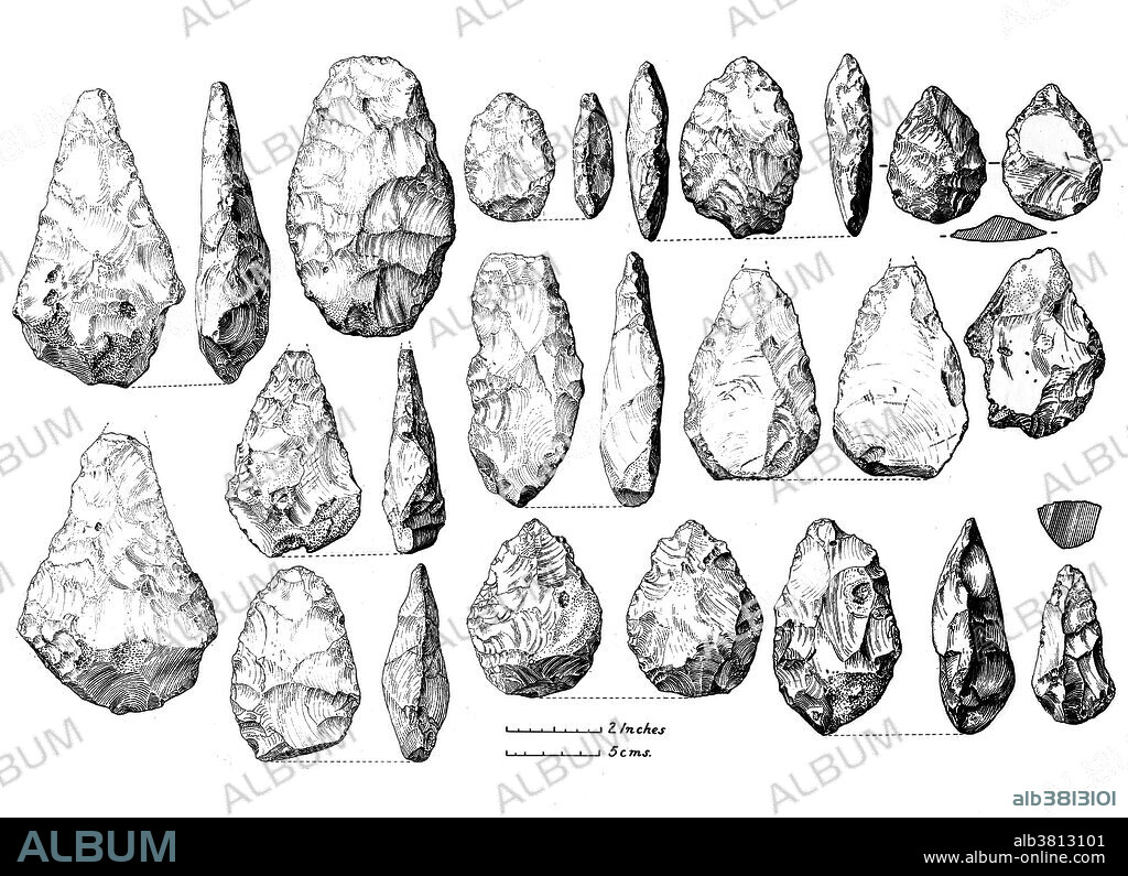 Acheulean bifacial tools (hand-axes) from Burnham Beeches, Bucks. Upper Boyn Hill Terrace. Acheulean is an archaeological industry of stone tool manufacture characterized by distinctive oval and pear-shaped "hand-axes" associated with early humans. Acheulean tools were produced during the Lower Paleolithic era. The Lower Paleolithic is the earliest subdivision of the Paleolithic or Old Stone Age. It spans the time from around 2.5 million years ago when the first evidence of craft and use of stone tools by hominids appears in the current archaeological record, until around 300,000 years ago.