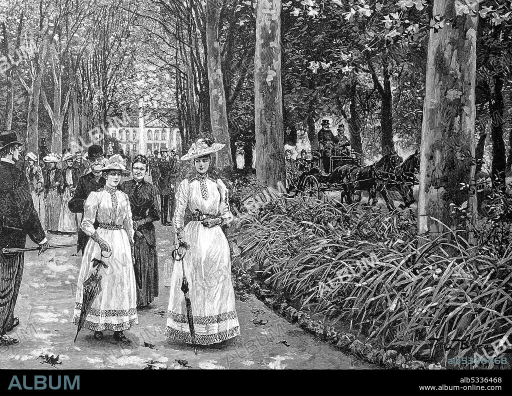 Noble ladies on a Sunday walk in the Stuttgarter Anlagen, Germany, 1880  /  Vornehme Damen beim Sonntagsspaziergang in der Stuttgarter Anlagen, Deutschland, 1880, Historisch, historical, digital improved reproduction of an original from the 19th century / digitale Reproduktion einer Originalvorlage aus dem 19. Jahrhundert,.