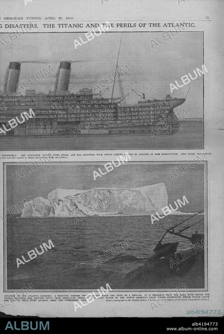 Sectional diagram of the 'Titanic', and iceberg, April 20, 1912. 'The Greatest of All Ships and the Greatest of All Shipping Disasters. The Titanic and the Perils of the Atlantic': sectional diagram of the 'Titanic', showing the state rooms, cabins, cargo holds and engine rooms, and illustration of an iceberg. The White Star Line ship RMS 'Titanic' struck an iceberg in thick fog off Newfoundland on 14 April 1912. She was the largest and most luxurious ocean liner of her time, and thought to be unsinkable. In the collision, five of her watertight compartments were compromised and she sank. Out of the 2228 people on board, only 705 survived. A major cause of the loss of life was the insufficient number of lifeboats she carried. Page 11, from "Titanic In Memoriam Number", a special supplement in "The Daily Graphic" newspaper issued following the sinking of the 'Titanic' on 15 April 1912, published on 20 April 1912.