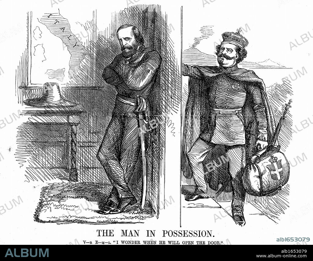 Unification of Italy: Victor Emmanuel II (1820-1878), first king of Italy from February 1861, knocking on the door of Naples which Garibaldi (1807-1882) with his Red Shirts has conquered on behalf of the new Kingdom of Italy. John Tenniel cartoon from "Punch", London, 6 October 1860. Wood engraving.