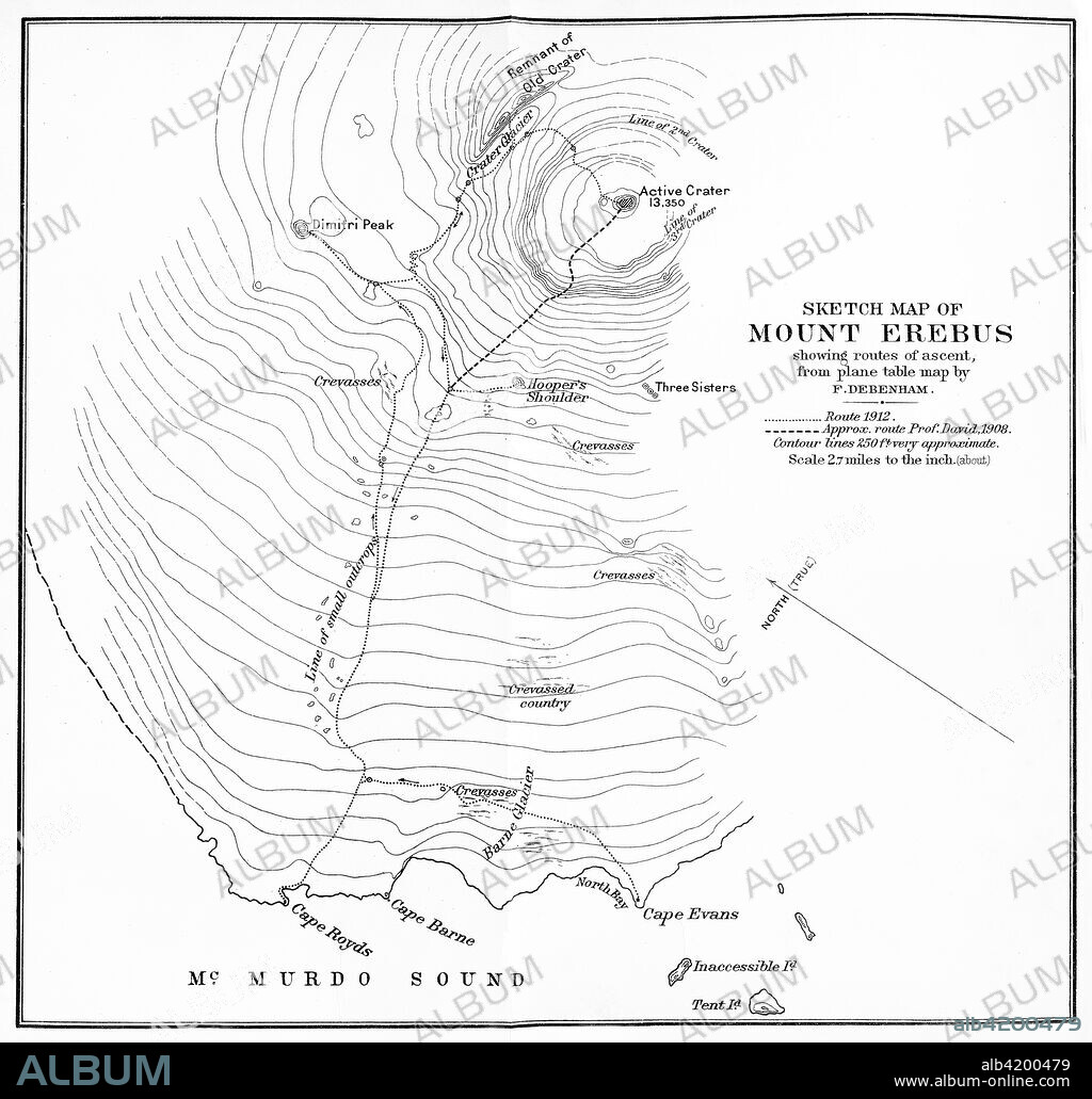 'Sketch Map of Mount Erebus showing routes of ascent, from plane table map by F. Debenham', c1912, (1913). Erebus is the second-highest volcano in Antarctica and the southernmost active volcano on Earth. The final expedition of British Antarctic explorer Captain Robert Falcon Scott (1868-1912) left London on 1 June 1910 bound for the South Pole. The Terra Nova Expedition, officially the British Antarctic Expedition (1910-1913), included a geologist, a zoologist, a surgeon, a photographer, an engineer, a ski expert, a meteorologist and a physicist among others. Scott wished to continue the scientific work that he had begun when leading the Discovery Expedition to the Antarctic in 1901-04. He also wanted to be the first to reach the geographic South Pole. Scott, accompanied by Dr Edward Wilson, Captain Lawrence Oates, Lieutenant Henry Bowers and Petty Officer Edgar Evans, reached the Pole on 17 January 1912, only to find that the Norwegian expedition under Amundsen had beaten them to their objective by a month. Delayed by blizzards, and running out of supplies, Scott and the remainder of his team died at the end of March. Their bodies and diaries were found eight months later. From Scott's Last Expedition, Volume II. [Smith, Elder & Co., London, 1913].